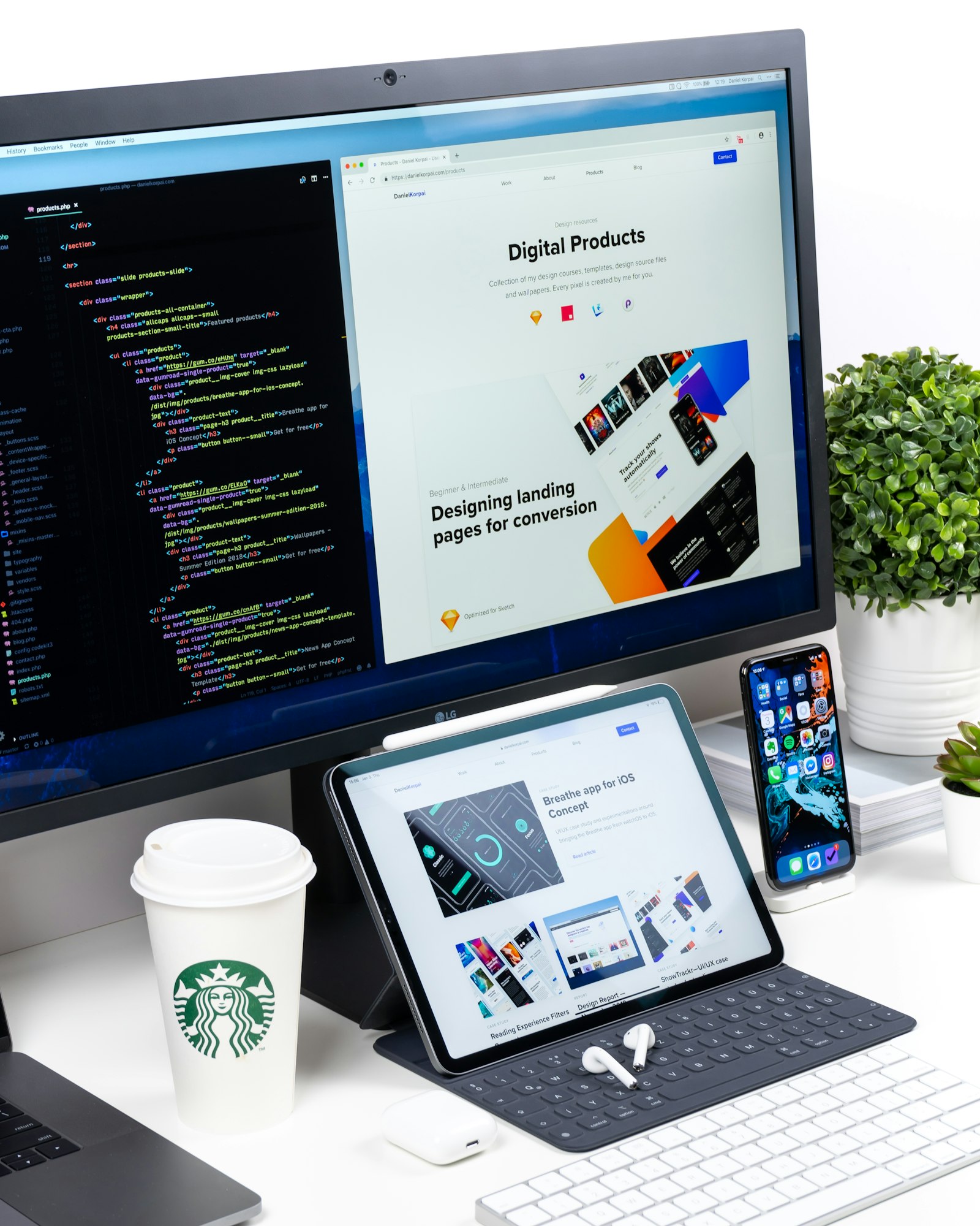 A modern website design shown across a monitor, tablet and phone